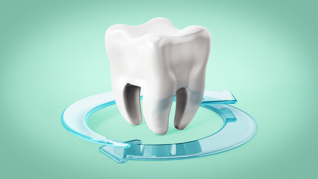 Turning arrows around the white tooth. 3D illustration