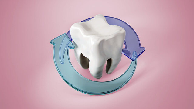 Turning arrows around the white tooth. 3D illustration
