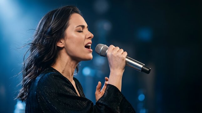 Emotional woman singing into a microphone on stage under blue spotlights