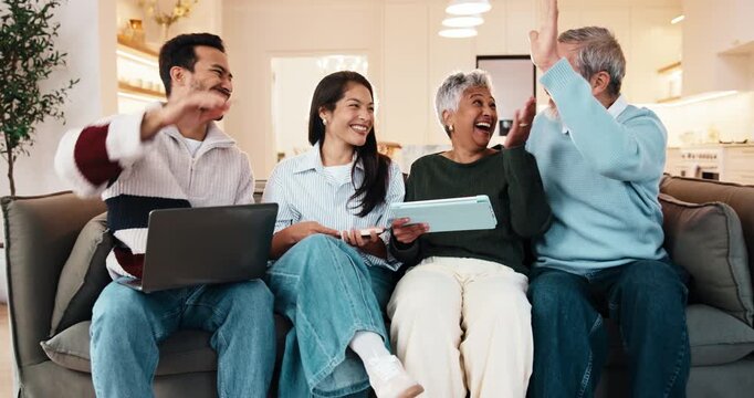 High five, tech or people with senior parents in home for account setup success, laugh or goal. Elderly dad, happy mom or adult siblings on sofa with laptop, tablet or celebrate bank login with flare