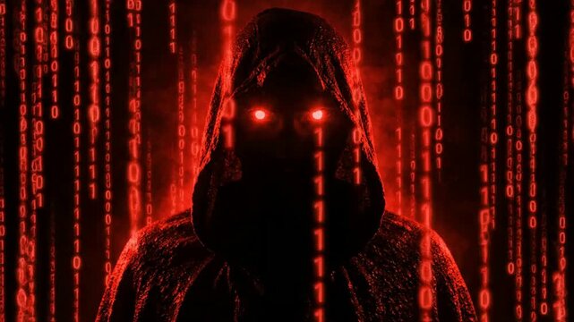 Cyber hacker in hood with glowing red eyes and falling binary code background, for cybersecurity and, data privacy concepts
