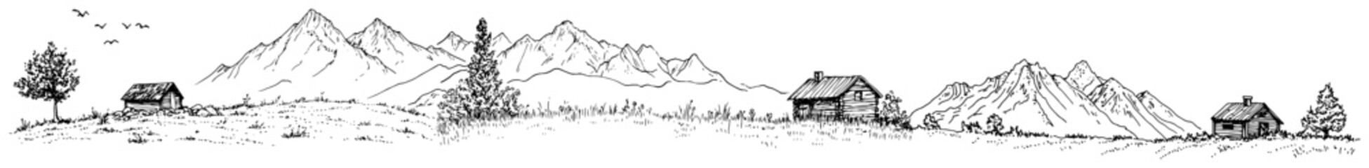 Fototapeta premium Mountain landscape with rustic wooden cabins and flying birds hand drawn doodle style