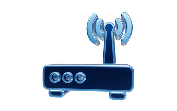 Wireless Router Icon: A blue, 3D rendered icon of a wireless router with a broadcasting antenna emitting Wi-Fi signals, symbolizing connectivity and network technology.