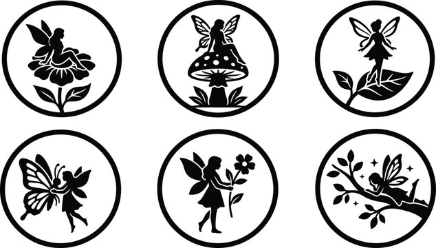 Fairy silhouette icons set, mystical garden sprites in circular frames, 6 black vector fairy tale illustrations for branding