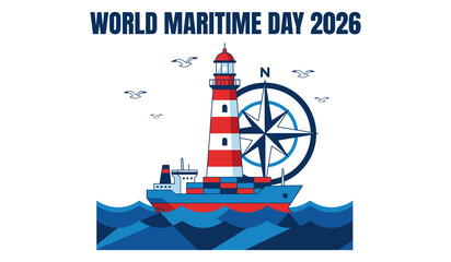 Fototapeta premium World maritime day 2026 vector illustration with cargo ship lighthouse and compass rose
