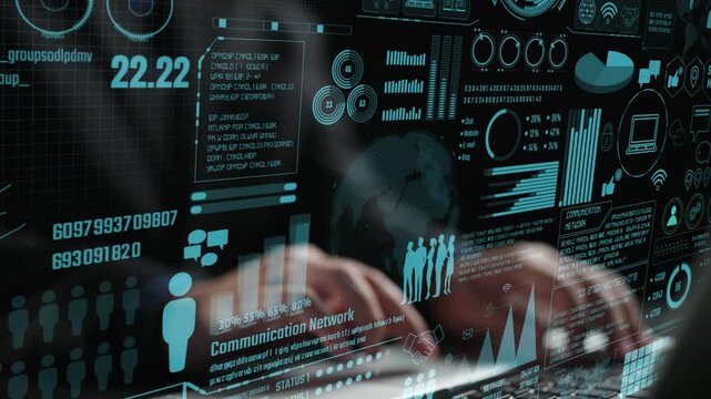 Explore a modern workspace showcasing data visualization and communication network concepts, featuring various graphs and statistics against a high-tech background. Cipher