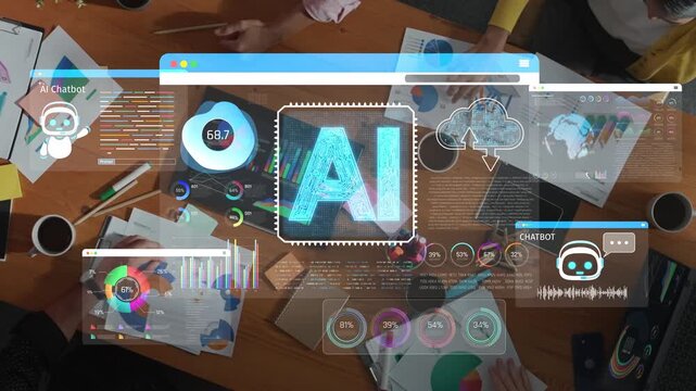 Digital workspace with AI chatbot interface and analytics visualization depicting modern technology and teamwork collaboration in a creative environment Sigmoid