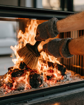 Indoor fireplace cleaning with gloved hands and brush removing soot from glowing wood embers in warmly lit room
