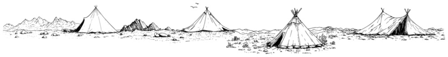 Tents and tipis in mountain landscape wilderness sketch style © Kaz