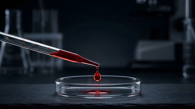 Red liquid dropping from glass pipette into petri dish in laboratory