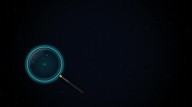 Digital magnifying glass scanning data interface on dark grid background