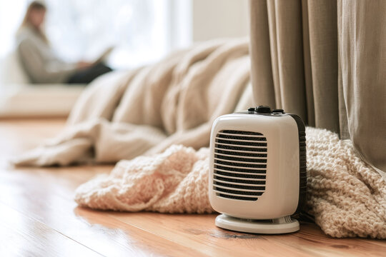 Portable electric space heater near blanket and curtain in modern bedroom, creating household fire hazard during cold weather with unaware reader nearby
