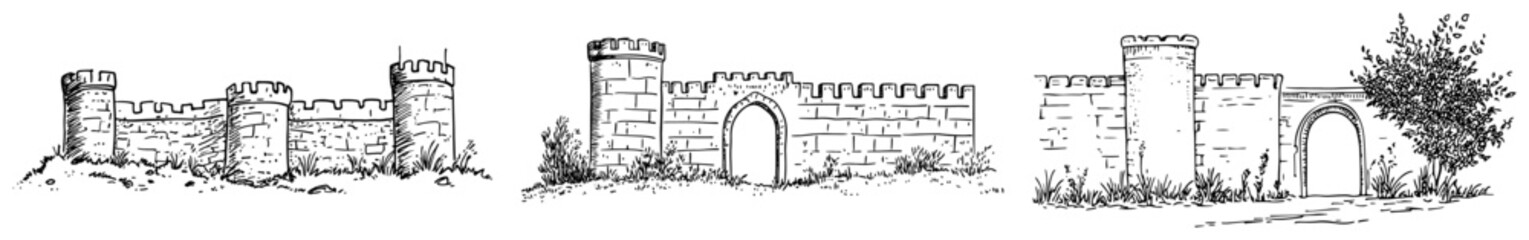 Medieval stone castle walls with towers and arched gate entrance hand drawn doodle sketch © Kaz