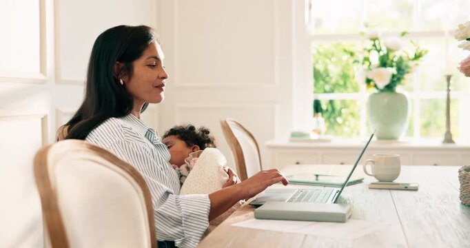 Mother, typing and baby in home with laptop, online banking and statement of medical aid bills. Smile, woman and infant at house with tech, finance records and birth registration for family benefits