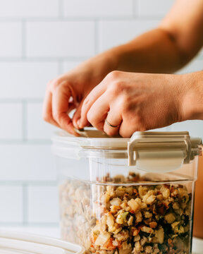 Hands sealing clear food container filled with holiday stuffing under bright natural light, with clean tile background and open space for copy