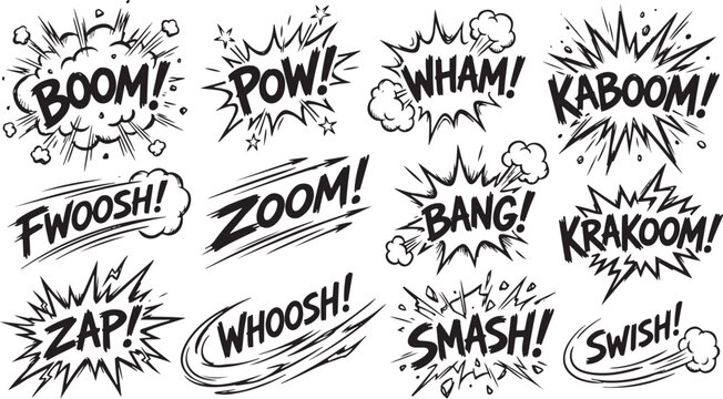 Comic book sound effects vector set featuring boom, pow, and wham text graphics with action bursts