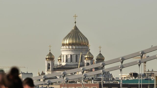 Cathedral of Christ the Saviour Moscow against a clear sky, bridge foreground