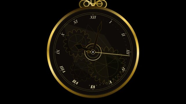 Golden pocket watch with rotating gears: luxury timepiece motion background