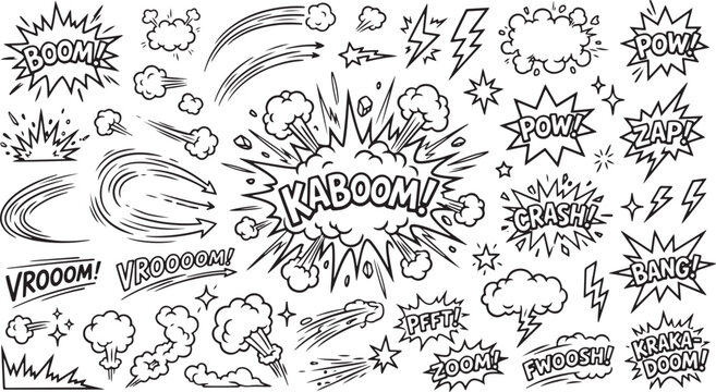 Comic book action elements set featuring explosions, speech bubbles with sound effects like kaboom, boom, and pow, speed lines, and lightning bolts. Black and white outline vector illustration