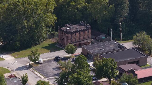 Aerial of historic jail museum in Huntsville Tennessee in Scott County and town hall