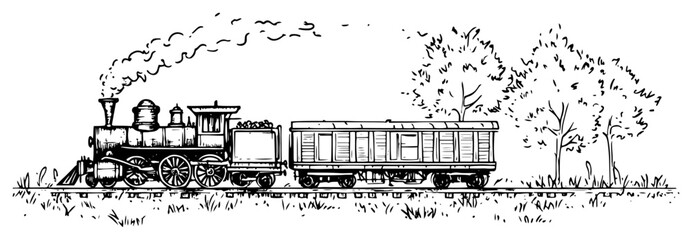 Steam locomotive train with passenger carriage traveling through rural landscape hand drawn sketch style © Kaz