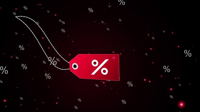 Red percentage sale tag floating with animated discount symbols on dark background
