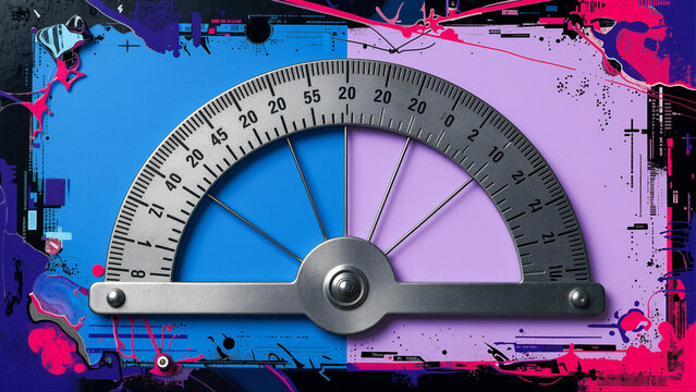 Abstract geometric art with a protractor on a split background.