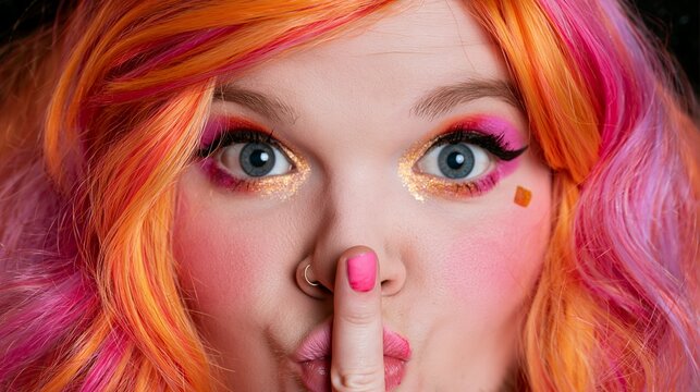 Close-up of a stunning individual with bold neon pink and orange hair holding a finger to their lips in a secret gesture. Features glamorous artistic glitter makeup and expressive eyes.