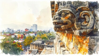Obraz premium Ancient Mayan style stone carved deity sculpture overlooking a modern city skyline at sunset in a beautiful detailed watercolor illustration