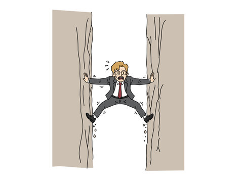 Businessman Struggling to Hold Himself Between Two Narrow Walls, Representing Difficult Challenges, Pressure, Stress, Risk, Obstacles, and the Struggle to Overcome a Difficult Situation