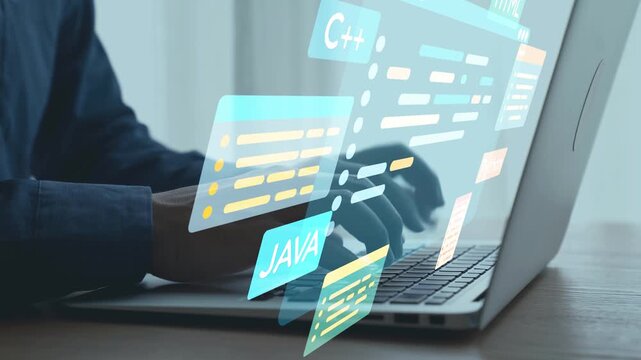 Modern Technology Concepts with Computer Programming Code Overlays Visible on Laptop with Hands Typing on Keyboard in Soft Ambient Light. Qubit.