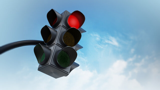 Green traffic light against blue sky. 3D illustration