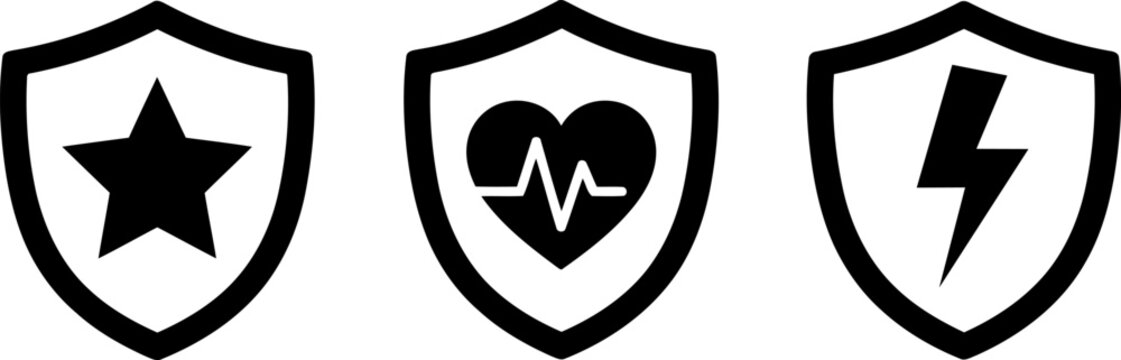 Set of three black shield icons featuring a star heart and lightning bolt symbols on white