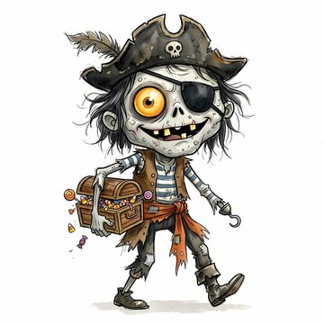 A spooky, cartoon-style pirate character with a zombie-like appearance, complete with an eyepatch and missing teeth, carries a treasure chest overflowing with candy.