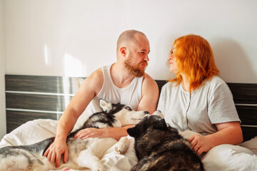 Man and woman looking at each other over their husky © iwavephoto