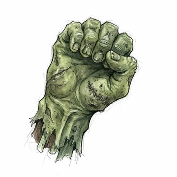 A monstrous green fist, with tattered rags and exposed bone, is clenched in a powerful and sinister gesture, representing anger, horror, or a terrifying threat.