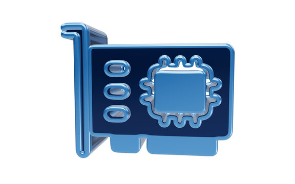 Computer Expansion Card Icon: A blue 3D icon representing a computer expansion card with a central processor and connection ports, symbolizing hardware upgrades and technology.