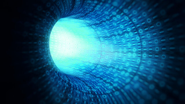 Blue binary code technology tunnel. 3D illustration