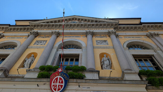Lugano, Switzerland &ndash; July 12, 2026: Historic facade of Palazzo Civico, the city hall of Lugano. 