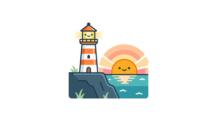Fototapeta premium Cute lighthouse on cliff with happy sun and ocean