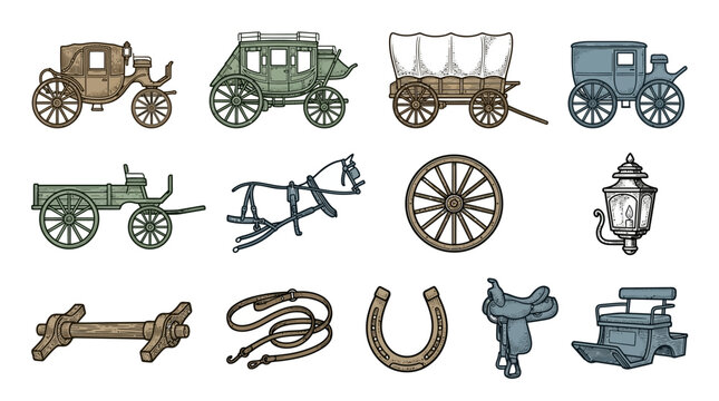 Western stagecoach and equipment vector set