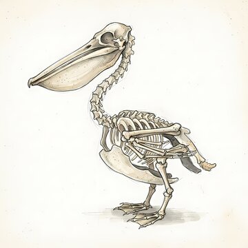 A detailed anatomical illustration of a pelican skeleton showcases the intricate bone structure of this large seabird, highlighting its distinctive beak and skeletal formation.