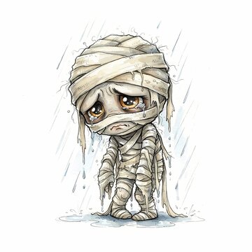 A sad, bandaged mummy character weeps in the rain, conveying a sense of loneliness and sorrow in this charming illustration.