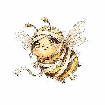 A cute, fuzzy bee character dressed as a mummy with bandages and a bowtie is flying with a friendly expression, ideal for holiday-themed illustrations.