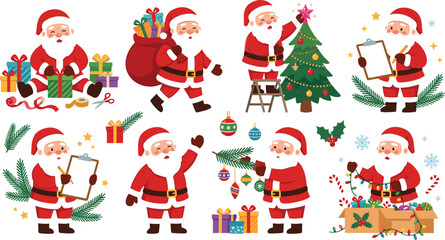 Naklejka premium Cute Christmas Santa Claus Character Vector Illustration Collection with Poses for Gift Wrapping, Decorating Trees, Writing Lists, and Holding Holiday Present Sacks