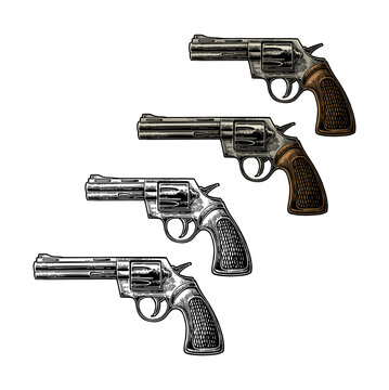 Revolver with short barrel. Vector color engraving vintage illustrations. Isolated on white background. For tattoo, web, shooting club and label