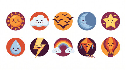 Naklejka premium Cute weather icon set with kawaii sun cloud moon star water drop lightning rainbow kite and hot air balloon