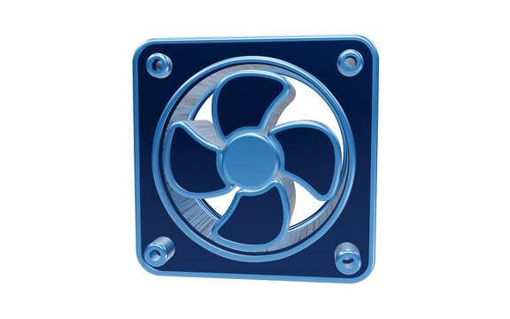 Blue computer fan in a square frame with four screws, isolated on white.