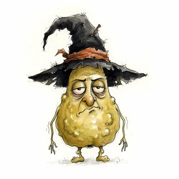 A quirky, grumpy witch with a lopsided hat and a textured, yellow face looks tired and unimpressed, an illustration of Halloween character.
