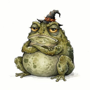 A grumpy frog with a witch hat is sitting on a white background.
